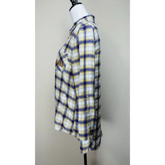 Women’s Plaid Flannel Button-Down LSU Tiger Shirt With Roll-Up Sleeves Sz M - Picture 9 of 14